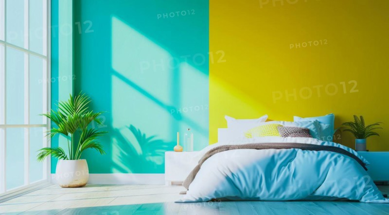 Vibrant bedroom in urban modern condo painted in bright colors with minimalistic approach, AI generated