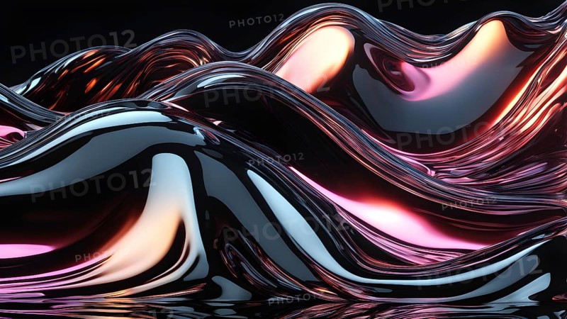 Glassy waves shimmering with vibrant reflections against a black backdrop, AI generated