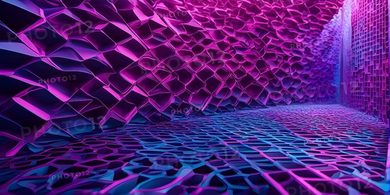 Abstract rendering of organic grid structure in a complex pattern in blue and magenta colors, AI generated