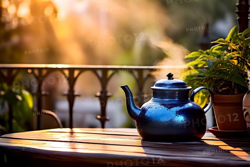 Blue colored tea kettle whistling on a rustic wooden table in soft morning sunlight, AI generated