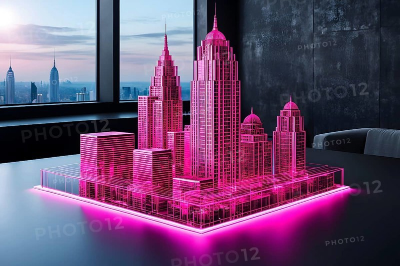 Hologram pink skyscraper architecture wireframe on table, ai generated, AI generated