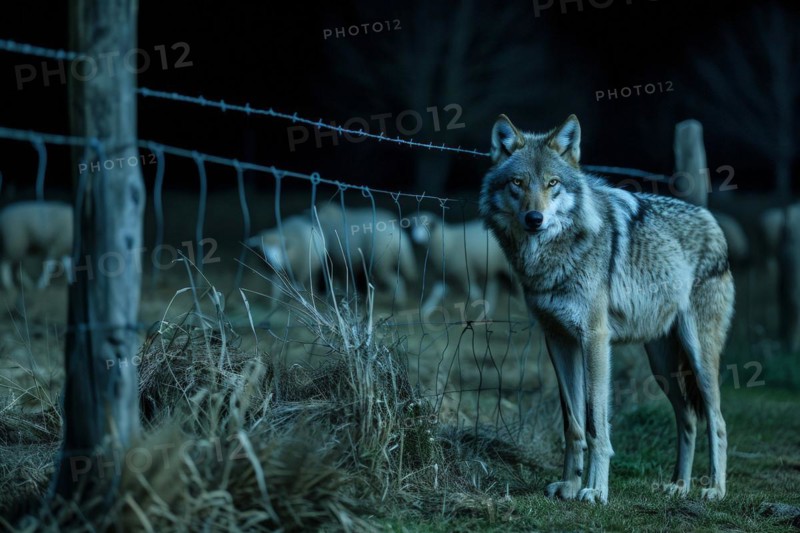 A wolf stands at a pasture fence at night and observes a grazing flock of sheep, symbolic image for herd protection, danger, killing by wolf attack, AI generated, AI generated, AI generated