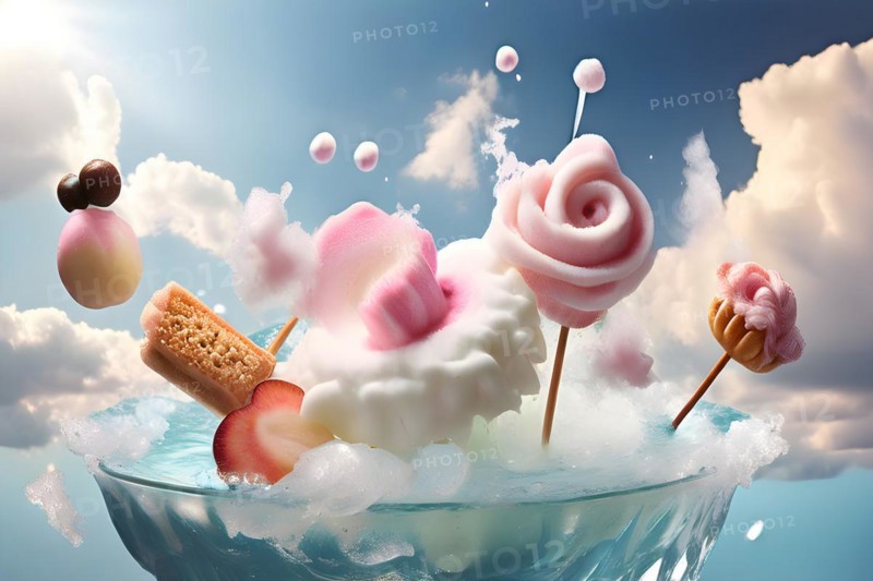 AI generated surreal food art blending a collage of edible objects floating as if defying gravity juxtaposed