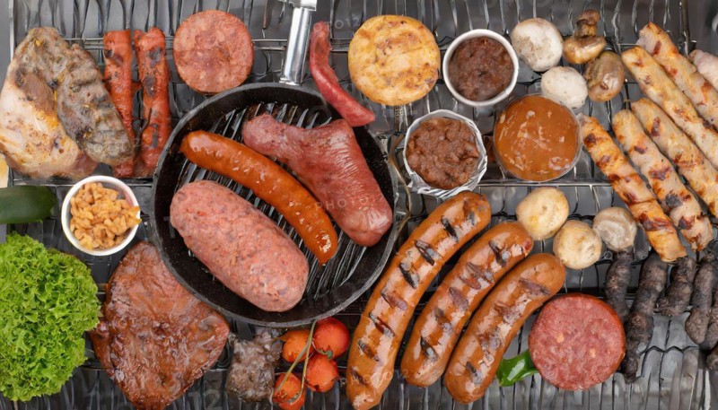 Food, dishes, lots of grilled beef steaks and sausages on a grill, AI generated, AI generated