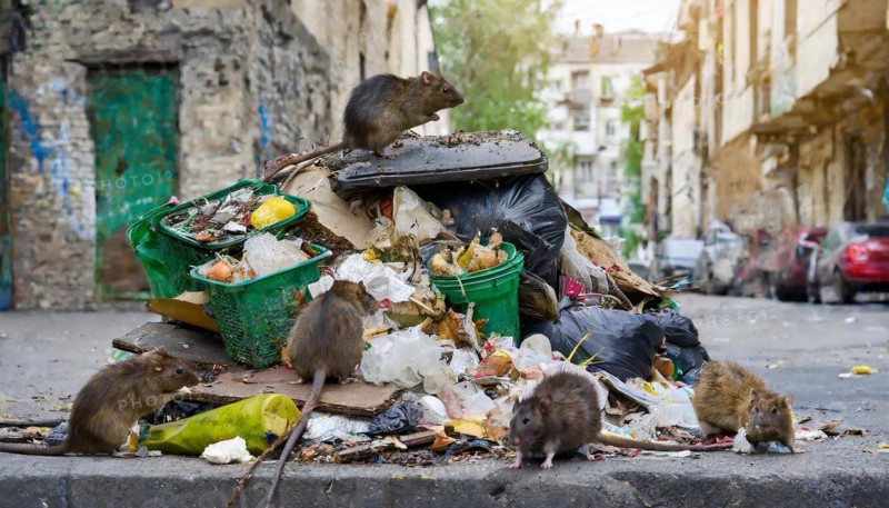 Symbolism, a pile of rotting rubbish in the city, with rats on it, AI-generated