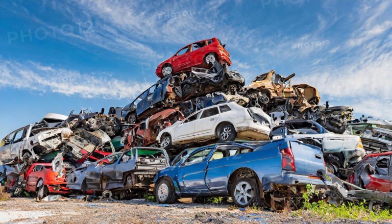 Symbolism, large junkyard with wrecked cars, scrap cars, scrap metal, AI-generated, AI-generated, AI generated