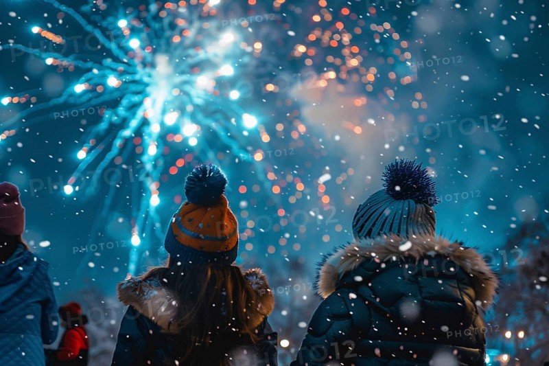 Back view of 2 young people in winter clothes celebrating new year with fireworks. Generative Ai, AI generated