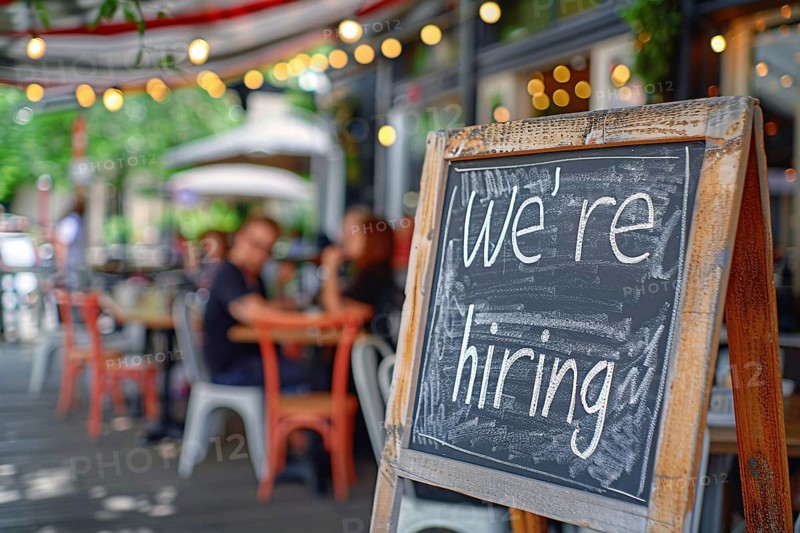 Chalkboard with English text saying 'We're hiring' at restaurant. Concept for labour shortag. Generative Ai, AI generated