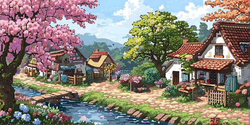 Pixel art illustration of a cozy village in spring with vibrant blooming tress and flowers, AI generated