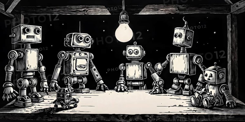 Team of robots styled as vintage toys poised atop an antique wooden table, AI generated