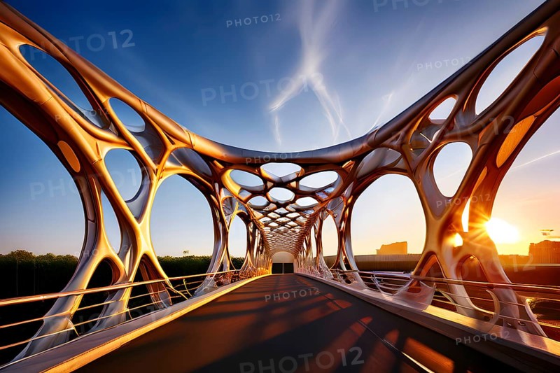 Modern bridge design of a network of interconnected shapes inspired by the structure of spider silk, AI generated