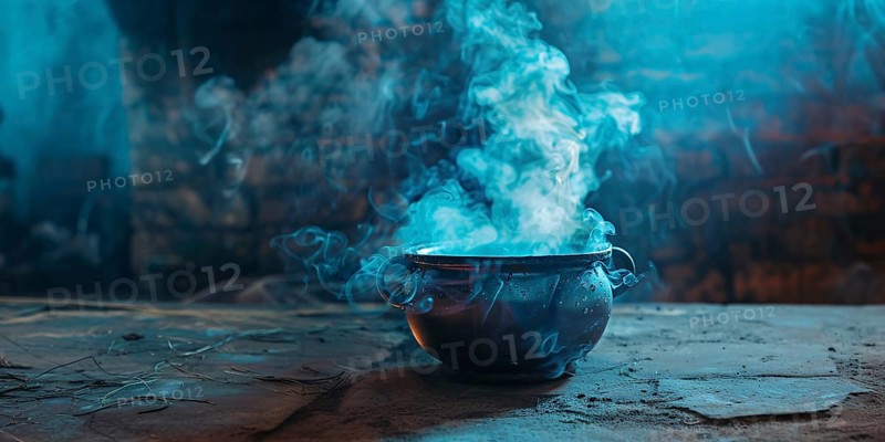 Banner with Halloween witch cauldron with blue smoke. Generative AI, AI generated