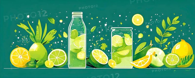 Abstract wallpaper composition with bottle of delicious green detox juice and fruits and vegetables, AI generated