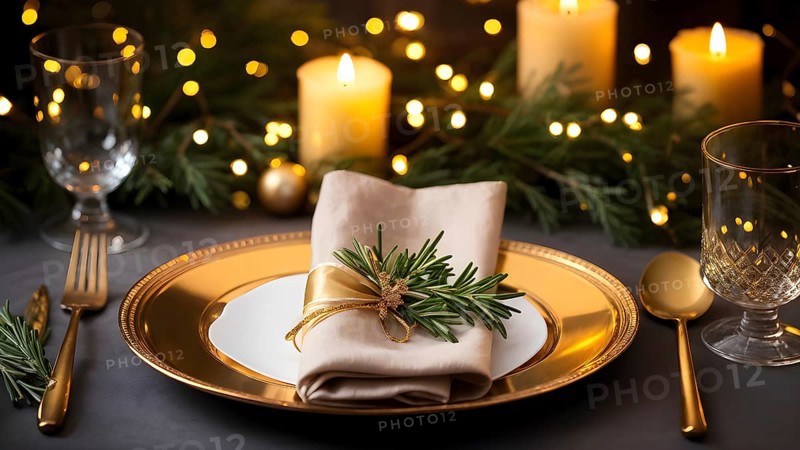 Beautifully decorated Christmas table setting with a golden napkin ring, sparkling cutlery, and a sprig of rosemary, set against a background of softly glowing candlelight, AI generated