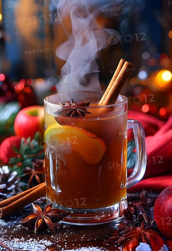 Steaming apple cider in a glass mug, garnished with a cinnamon stick and star anise, surrounded by festive decorations, AI generated
