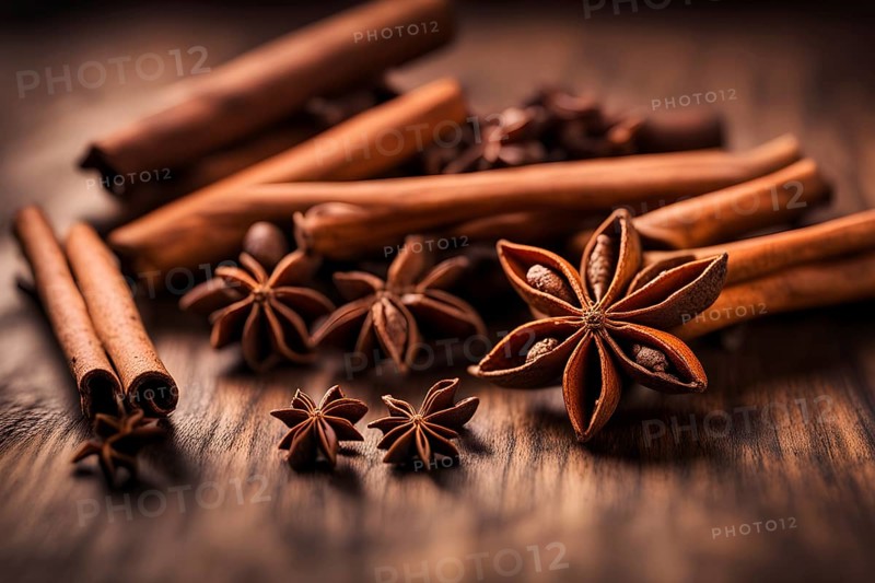 Christmas spices like cinnamon sticks, star anise, and cloves arranged on a wooden table, with soft ambient lighting evoking warmth and coziness, AI generated