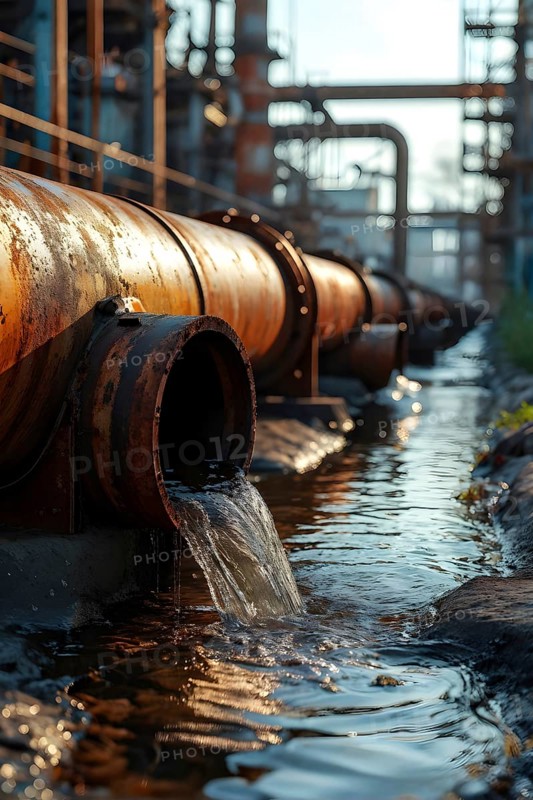 Rusty sewage pipe discharges dirty water into a stream, AI generated