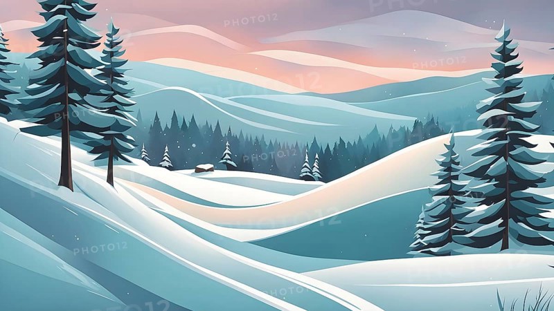 Abstract winter wonderland with minimalist stylized pine trees and snowdrifts using soft pastel colors and gentle curves, AI generated