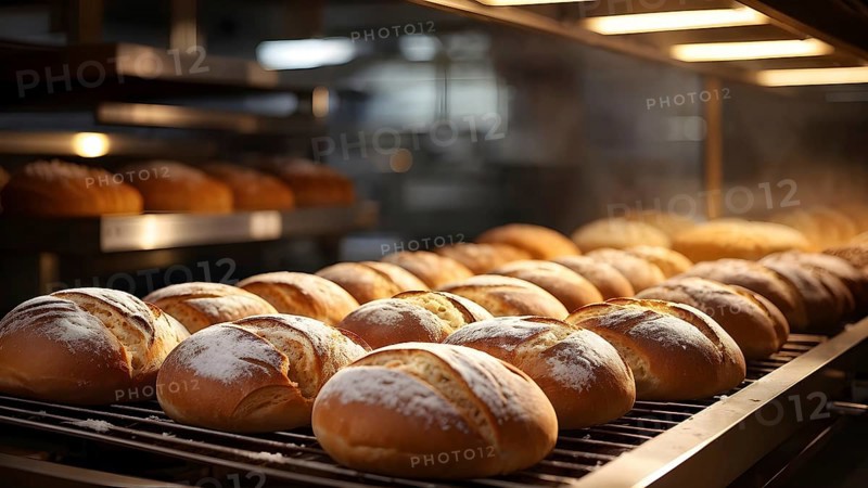 Fresh loaves of bread dominate the foreground of an industrial bakery, AI generated