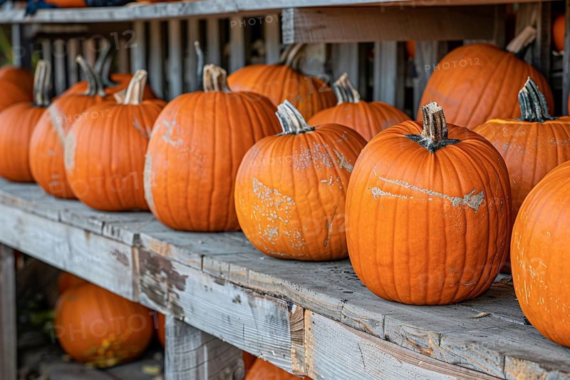 Large orange pumpkins on wooden racks at market. Generative Ai, AI generated