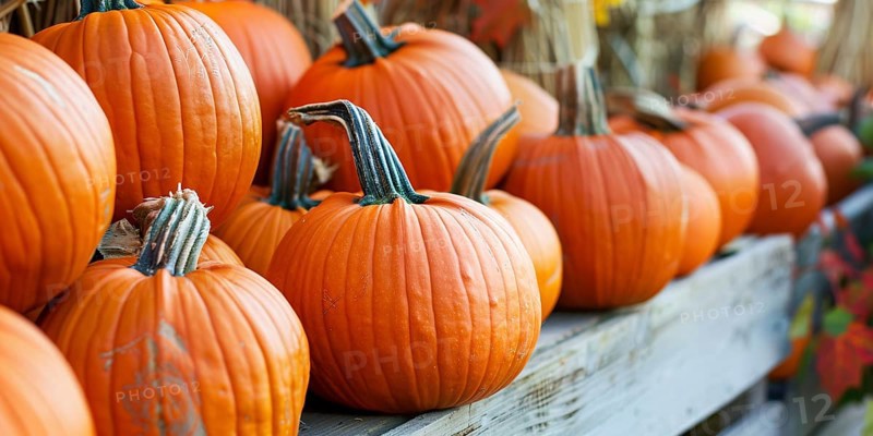 Banner with orange pumpkins on wooden racks at farmer's market. Generative Ai, AI generated