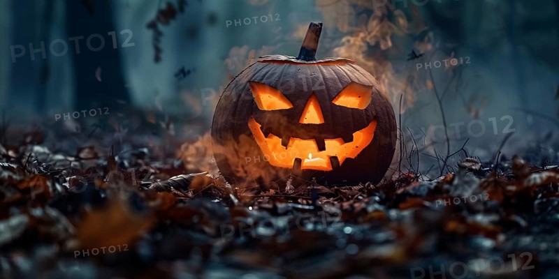 Halloween banner with carved pumpkin lantern in forest. Generative AI, AI generated