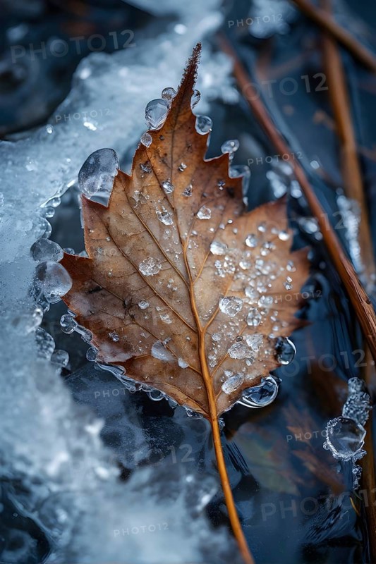 Delicate leaf resting on the surface of a frozen puddle, with intricate ice crystals forming beneath it, captured in soft, natural light, AI generated