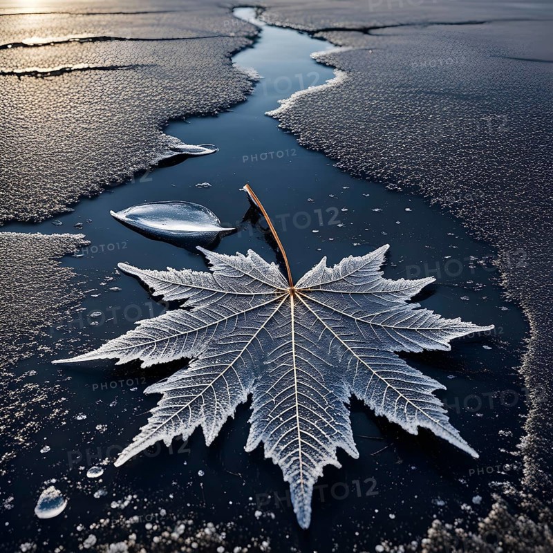Delicate leaf resting on the surface of a frozen puddle, with intricate ice crystals forming beneath it, captured in soft, natural light, AI generated