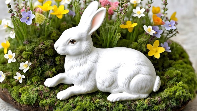 Vintage porcelain rabbit figurine surrounded by small, colorful spring flowers and soft moss, AI generated