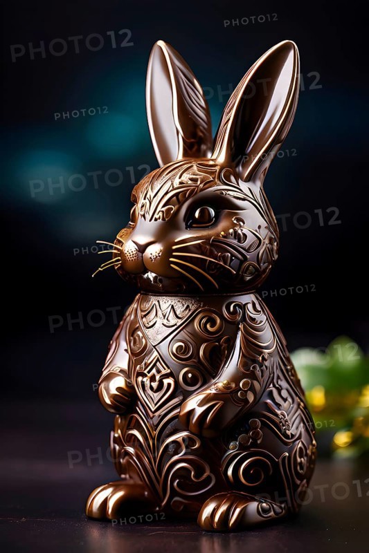 Easter bunny figurine made of chocolate, with a soft focus on intricate patterns and glossy textures, AI generated