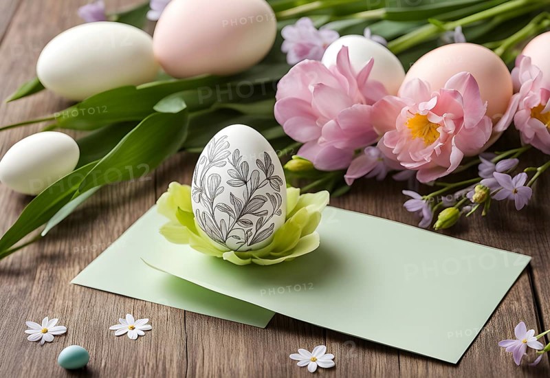 Easter card with delicate hand-drawn illustrations, placed among fresh flowers and decorated eggs, empty space for text, AI generated