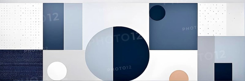 Minimalist composition of overlapping geometric shapes, such as circles, squares, and triangles, with clean lines and muted pastel colors, AI generated