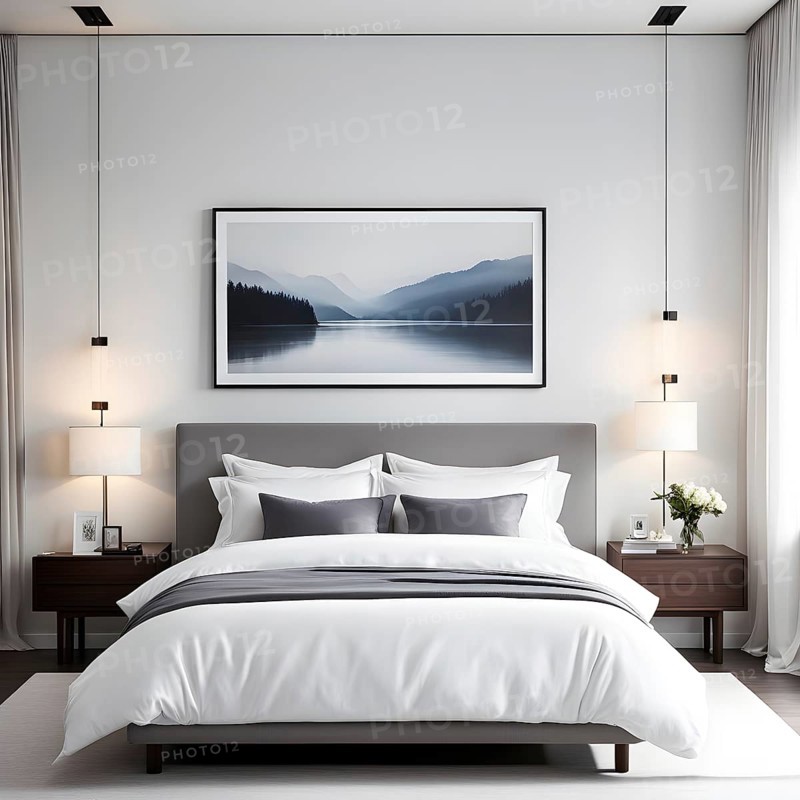 Empty modern bedroom with a large, plush bed covered in white linens, a single framed artwork on the wall, and natural light filtering through sheer curtains, AI generated