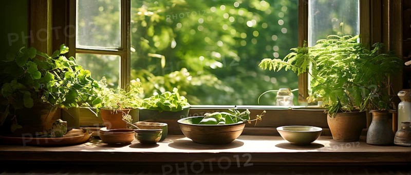 A sunlit kitchen corner, with a rustic wooden shelf holding neatly arranged ceramic bowls and a single, vibrant green houseplant, AI generated