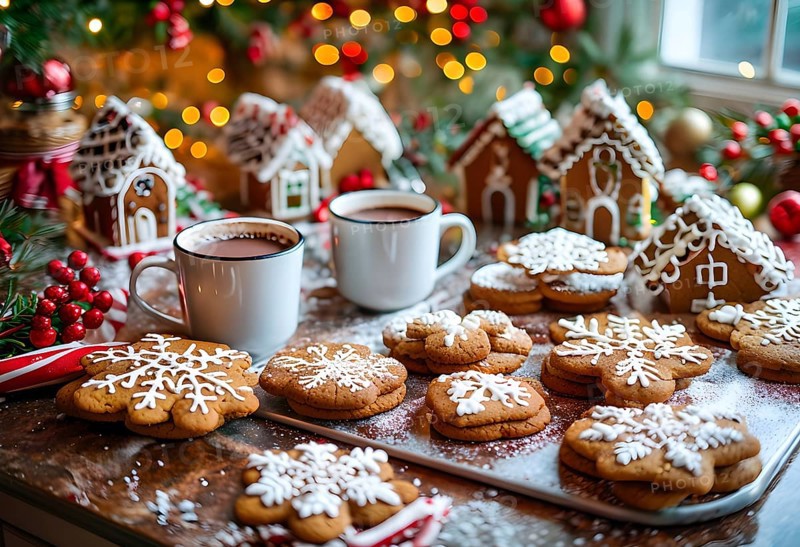 Kitchen counter filled with Christmas cookies, gingerbread houses, and mugs of hot chocolate, with festive decorations, AI generated