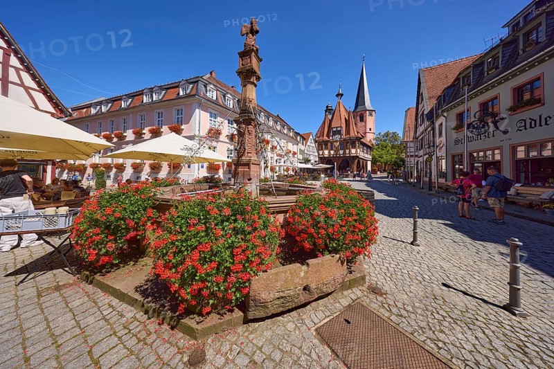 Market fountain with blooming geraniums and historic town hall under a cloudless blue sky in Michelstadt, Odenwald, Odenwaldkreis, Hesse, Germany, Europe