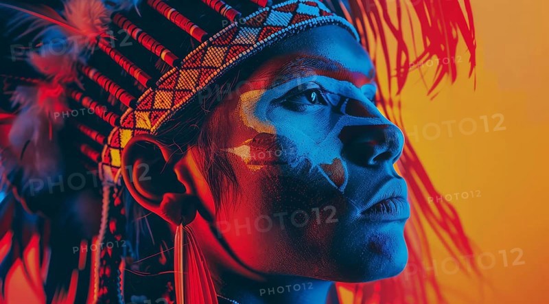Indigenous first nation people of USA dressed in colorful native clothes, AI generated