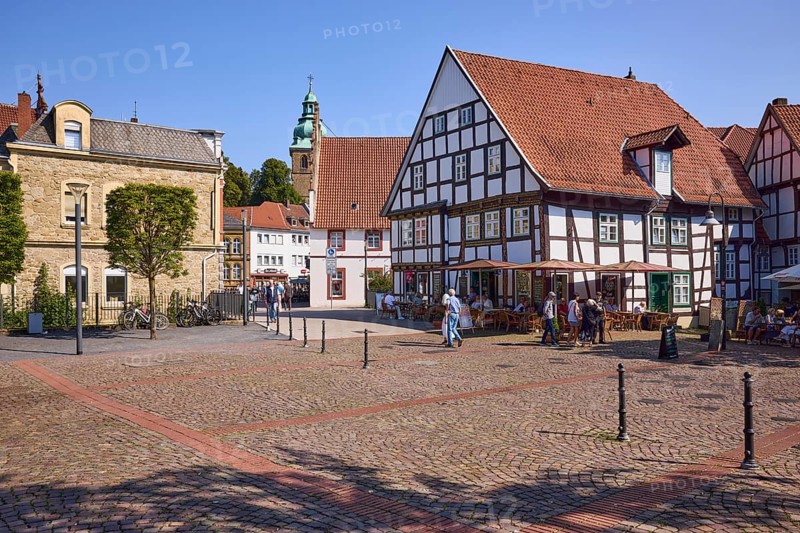 Historic buildings, half-timbered house, trees and Protestant town church on the Hallenbrink with Welscher Haube from the Salzhof in Bad Salzuflen, Lippe district, North Rhine-Westphalia, Germany, Europe