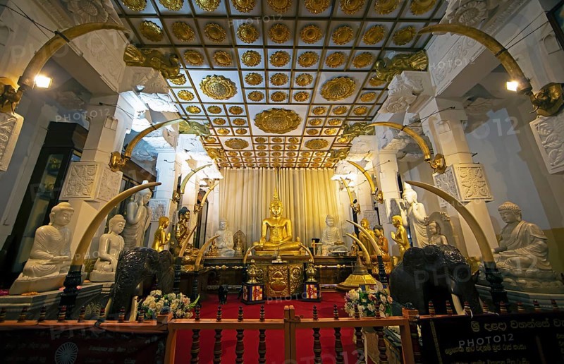 Golden Buddha figure in the Buddhist Temple of the Tooth or Sri Dalada Maligawa, Kandy, Central Province, Sri Lanka, Asia