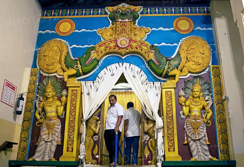 Colourful entrance to a shrine in the Buddhist Temple of the Tooth or Sri Dalada Maligawa, Kandy, Central Province, Sri Lanka, Asia