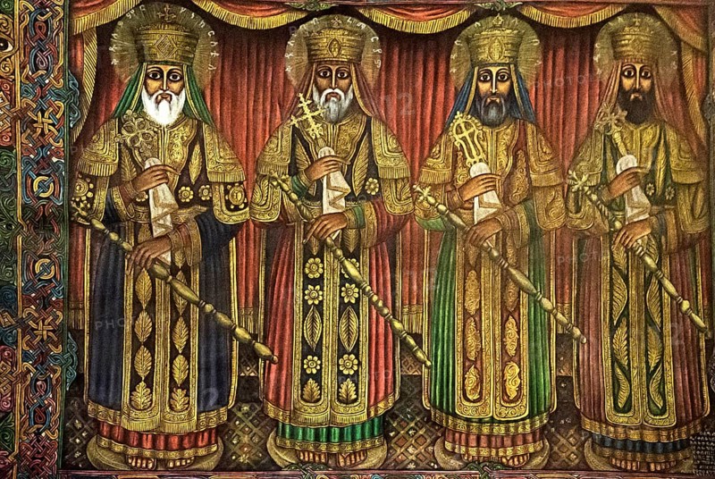 Paintings of four kings of the Zagwe dynasty in the 12th and 13th centuries, from left to right Yimrehane Kirstos, Gebre Mariam, Lalibela and Nea'kuo Leab, underground monolithic rock church Biete Medhane Alem, UNESCO World Heritage Site Lalibela, Ethiopia, Africa