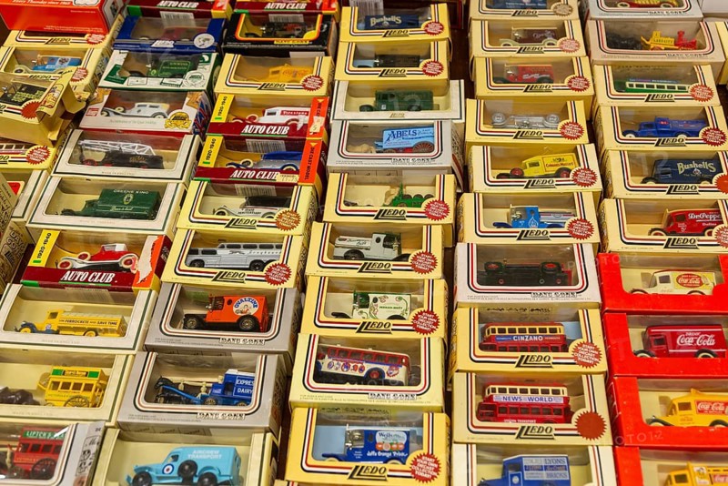 Displayed boxed of Lledo models old collectible vehicles, UK