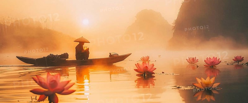 Zen Buddhist old man on a boat at sunrise on foggy morning in Chinese mountains with lotus flowers, AI generated