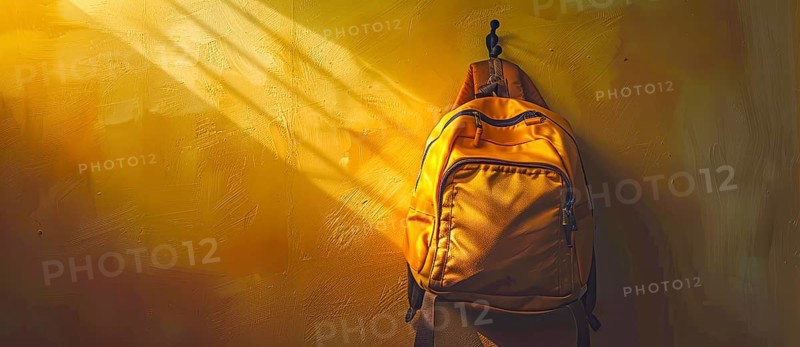 A yellow school backpack is hanging on a wall. Back to school or going on vacation concept, AI generated