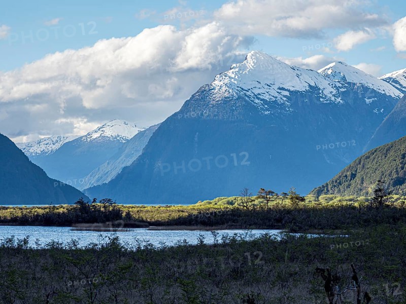 Mountain range at southern shore of Lake Lago Yelcho, along road 235 connecting Futaleufu with the Carretera Austral, Patagonia, Chile, South America
