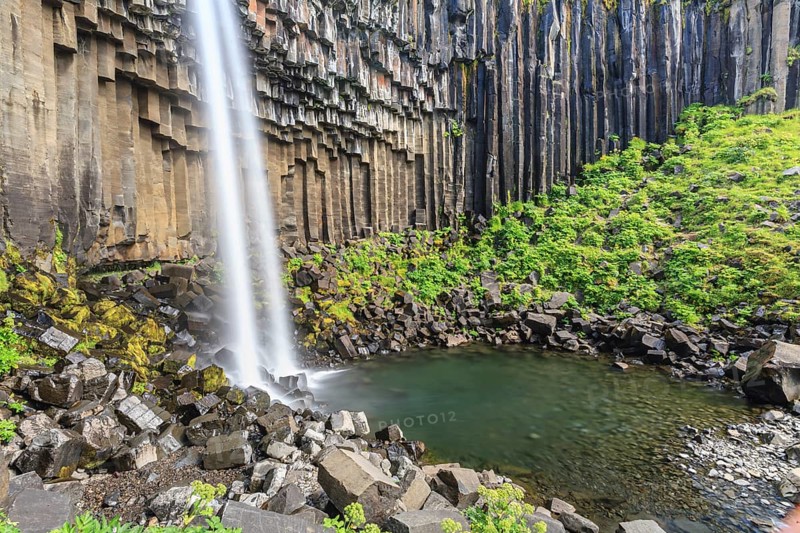 Waterfall, basalt columns, summer, Svartifoss, Skaftafell National Park, Iceland, Europe