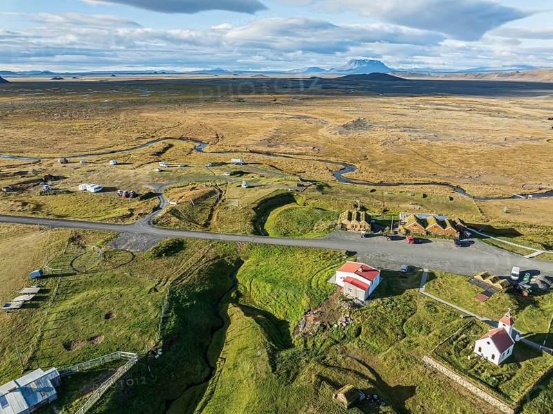 Mödrudalur farm and guesthouse northwest of Egilsstadir, aerial view of church, restaurant and campsite, Iceland, Europe