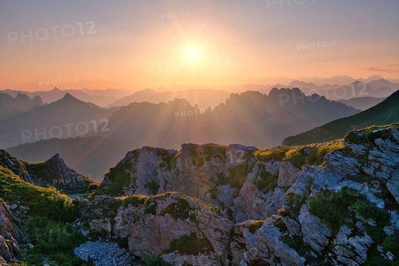 Fribourg Prealps with Gastlosen mountain range at sunrise, Bernese Alps behind, cantons of Fribourg and Bern, Switzerland, Europe