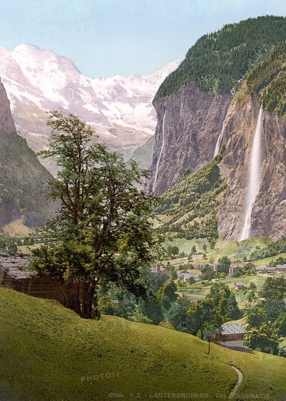 Lauterbrunnen Valley with Staubbach Waterfall, Bernese Oberland, Switzerland, Historic, digitally restored reproduction from a 19th century original, Record date not stated, Lauterbrunnen Valley with Staubbach Waterfall, Bernese Oberland, Switzerland, Historic, digitally restored reproduction from a 19th century original, Record date not stated, Europe