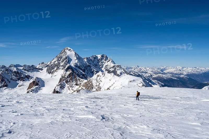 Ski tourers descending from the summit of Monte Cevedale on the Zufallferner, mountain panorama, snow-covered mountain landscape in winter, summit of the Königsspitze and Ortler in the background, Ortler Alps, Vinschgau Valley, Italy, Europe